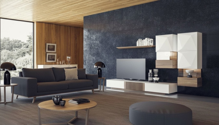 Lusso Noce naturale Moderno mobile TV bianco a parete con mensola a giorno.