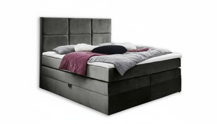 Camera da letto matrimoniale elegante grigia con mobili in legno, design raffinato e imbottitura elegante in tessuto.