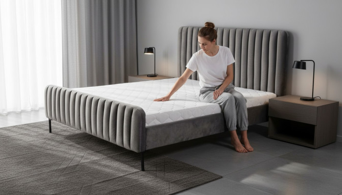Camera da letto matrimoniale grigia, design di mobili in legno eleganti, tessuto classico, mobili nuovi.