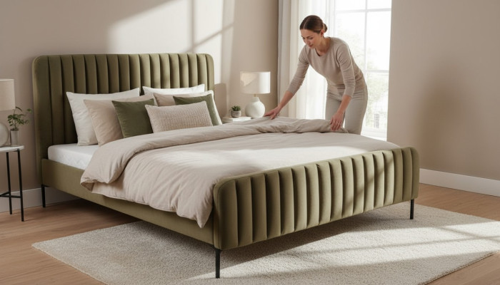 Camera da letto matrimoniale verde Mobili in legno Design elegante Tessuto Mobili classici