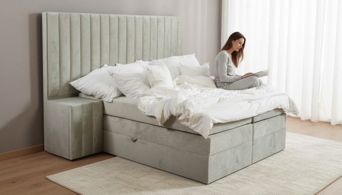 Letto matrimoniale moderno color tortora con 2 comodini, camera da letto, letto boxspring.