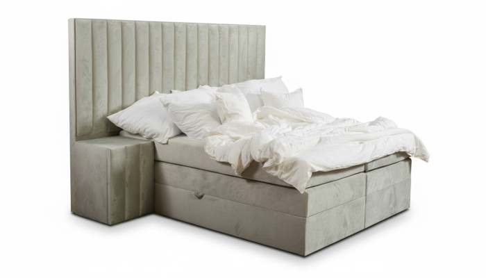 Letto matrimoniale moderno color tortora con 2 comodini, camera da letto, letto boxspring.