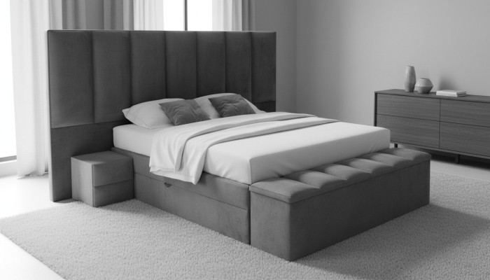 Letto matrimoniale grigio + 2 comodini design classico camera da letto elegante.