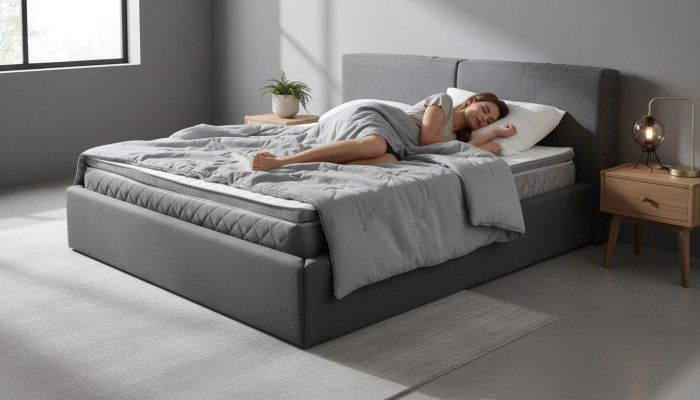 Letto matrimoniale grigio imbottito con vano contenitore design elegante tessuto letto.