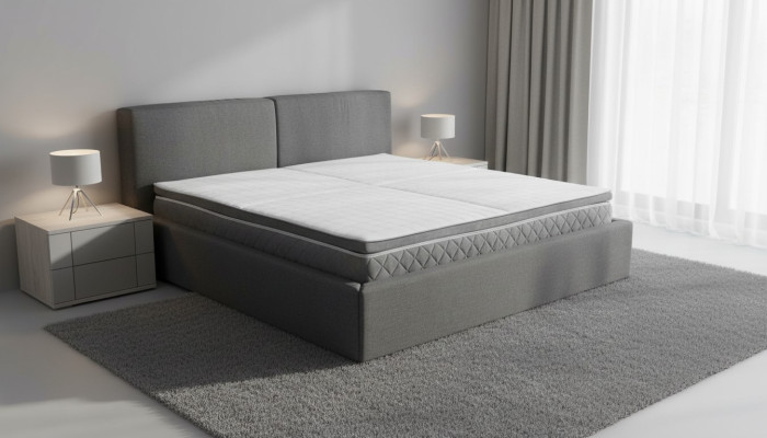 Letto matrimoniale grigio imbottito con vano contenitore design elegante tessuto letto.
