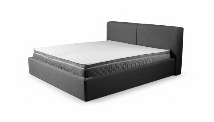 Letto matrimoniale grigio imbottito con vano contenitore design elegante tessuto letto.