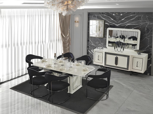 Sala da pranzo completo con tavolo da pranzo, 4 sedie, sedia con schienale, credenza, specchio 7 pezzi.