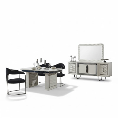 Sala da pranzo completo con tavolo da pranzo, 4 sedie, sedia con schienale, credenza, specchio 7 pezzi.