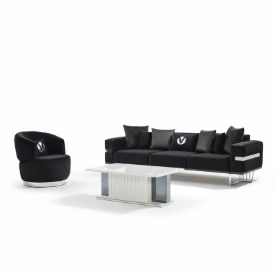 Set soggiorno moderno Divano nero Poltrona nera Tavolino da salotto nuovo