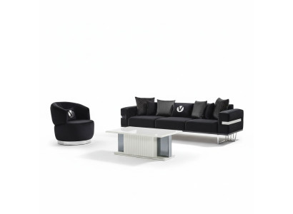 Set soggiorno moderno Divano nero Poltrona nera Tavolino da salotto nuovo