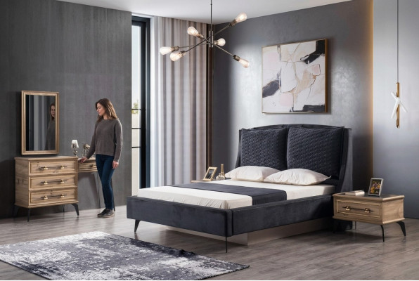 Set da camera da letto moderno di lusso composto da 4 pezzi: letto, 2 comodini e cassettiera incluso.