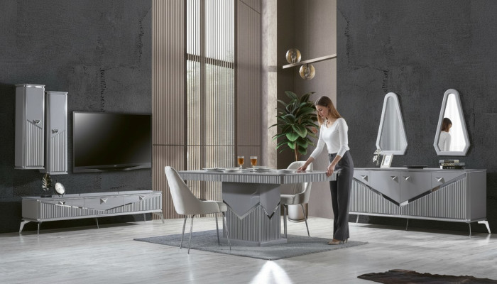 Grigio moderno set da pranzo 4x sedia specchio credenza scaffale 9 pezzi