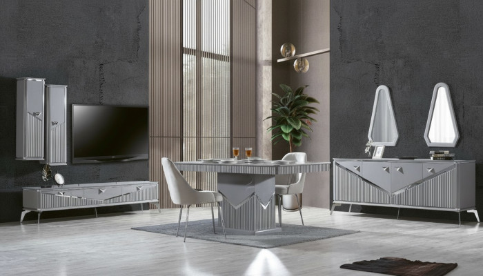 Grigio moderno set da pranzo 4x sedia specchio credenza scaffale 9 pezzi