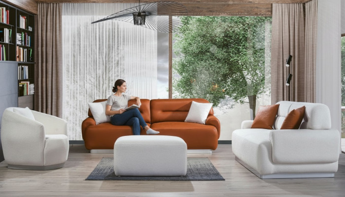 Accogliente set di divani per il soggiorno con cuscini, 3 posti + 3 posti + 1 pouf 4 pezzi.