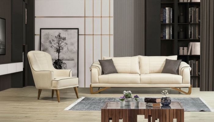 Set divano beige con struttura in legno composto da divani da 3 posti e 1 posto, mobili per il salotto.