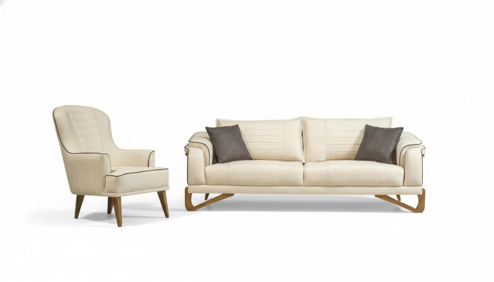 Set divano beige con struttura in legno composto da divani da 3 posti e 1 posto, mobili per il salotto.