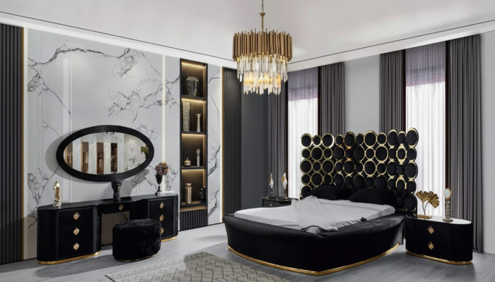 Set completo camera da letto Letto di lusso 2 comodini Tavolo da toeletta Specchio 5 pezzi