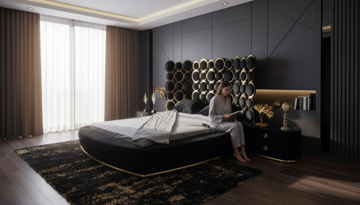 Letto matrimoniale di design in tessuto di lusso per la camera da letto, cornice del letto 200x200cm.