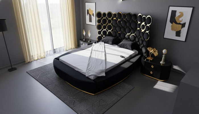 Letto matrimoniale di design in tessuto di lusso per la camera da letto, cornice del letto 200x200cm.