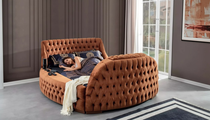 Letto Chesterfield Imbottito Design Letti di lusso Hotel in marrone con TV