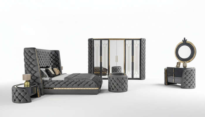 Chesterfield Set da camera da letto Letto 2 comodini Tavolo trucco Armadio 5 pz.