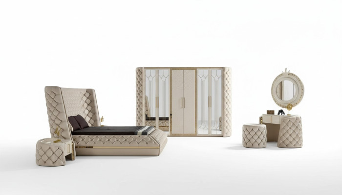 Set da camera da letto Chesterfield mobili design letto armadio specchio 7 pezzi.