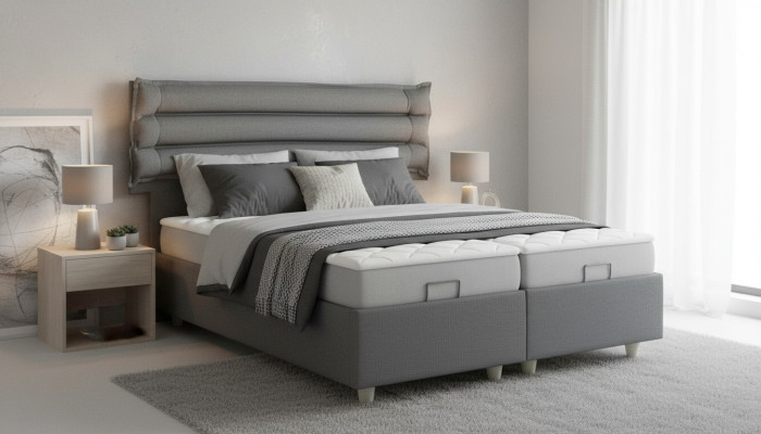 Letto di lusso con materasso, completo di cassettone, testiera e rivestimento in velluto grigio, 180x200.