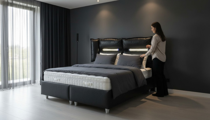 Letto matrimoniale di design in legno di lusso in stile moderno per hotel, telaio per letto in camera da letto.