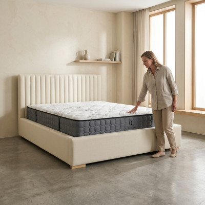 Letto beige Letto matrimoniale in legno Moderno Letto elegante Imbottito Tessuto Camera da letto Nuovo