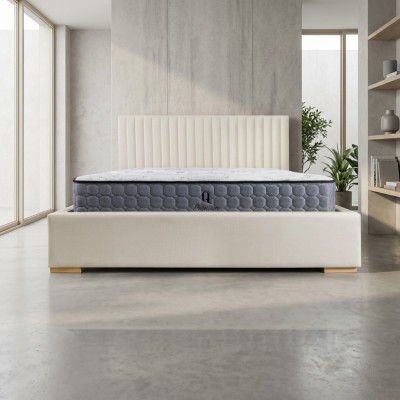 Letto beige Letto matrimoniale in legno Moderno Letto elegante Imbottito Tessuto Camera da letto Nuovo