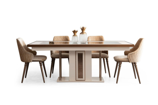 Tavolo da pranzo di lusso Beige Tavolo in vetro Tavolo in legno Tavolo da cucina di design.