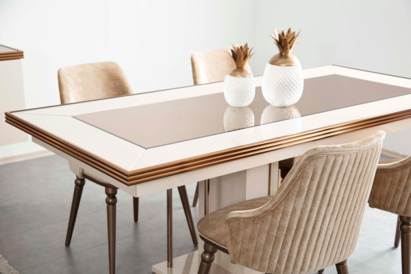Tavolo da pranzo di lusso Beige Tavolo in vetro Tavolo in legno Tavolo da cucina di design.