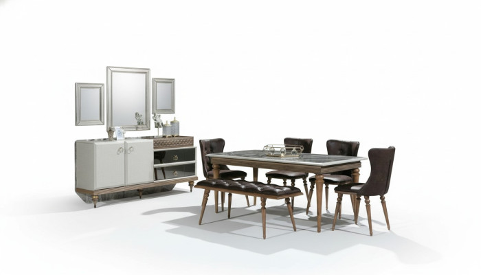 Set da pranzo con panca, tavolo, sedie, gruppo da pranzo, mobiletto, 6 pezzi.
