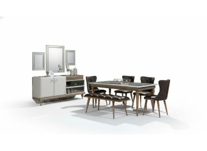 Set da pranzo con panca, tavolo, sedie, gruppo da pranzo, mobiletto, 6 pezzi.