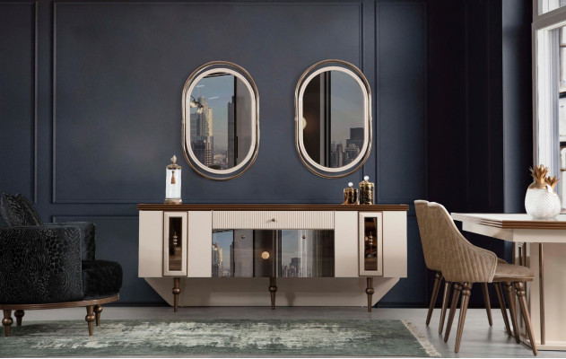 Set da pranzo di lusso, comò, credenza, tavolo, set di 4 sedie, 8 pezzi.