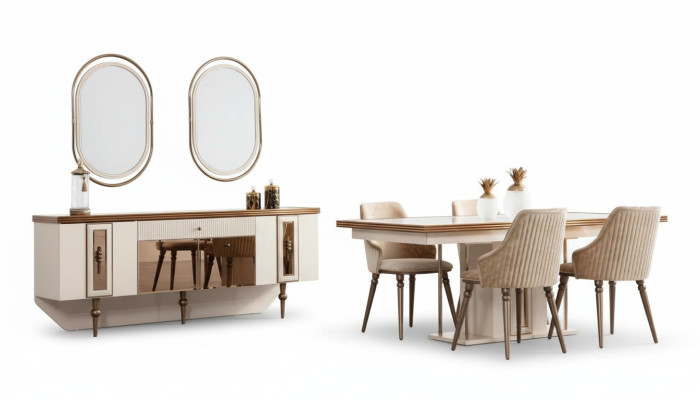Set da pranzo di lusso, comò, credenza, tavolo, set di 4 sedie, 8 pezzi.