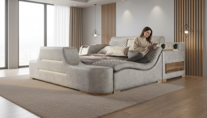 Letto multifunzione con scaffale, armadio, stazione di ricarica USB, TV a scomparsa 180x200.