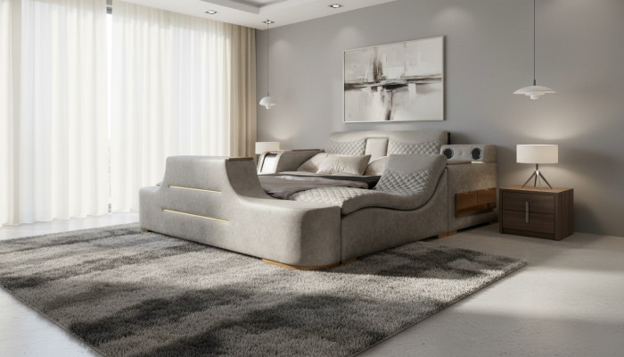 Letto multifunzione con scaffale, armadio, stazione di ricarica USB, TV a scomparsa 180x200.