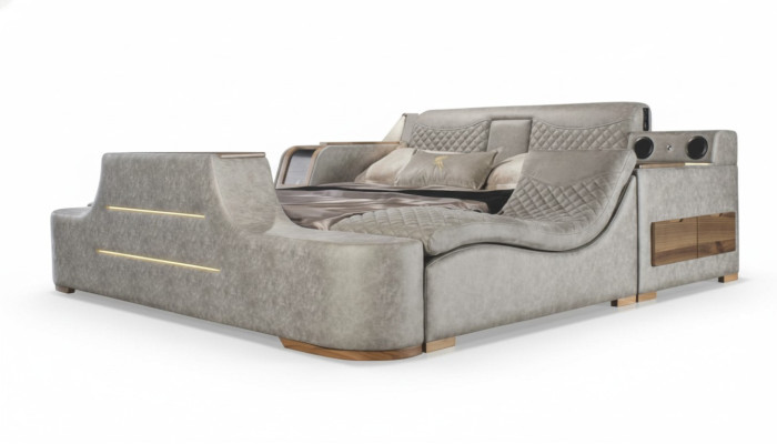 Letto multifunzione con scaffale, armadio, stazione di ricarica USB, TV a scomparsa 180x200.
