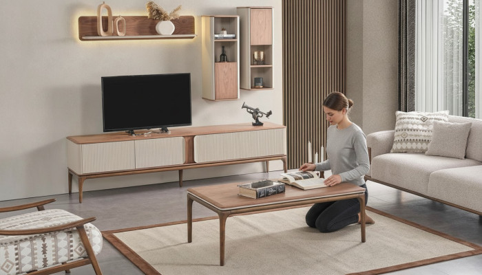 Mobile porta TV basso, armadio, tavolino da salotto, soggiorno moderno, legno beige