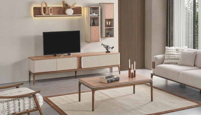 Mobile porta TV basso, armadio, tavolino da salotto, soggiorno moderno, legno beige