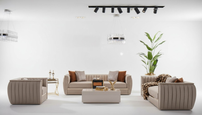 Set di divani di lusso beige 3 + 3 + 1 posti con tavolino divano poltrona divani 5 pezzi