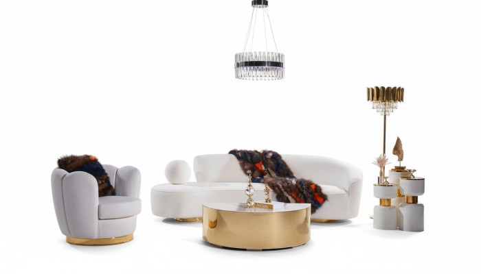 Moderno set di divani bianchi tre posti, sedia di lusso, tavolino elegante.