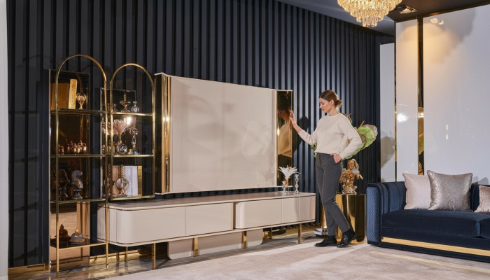 Soggiorno mobile TV di lusso RTV mobili in legno cassetti cassetti bassi beige nuovi