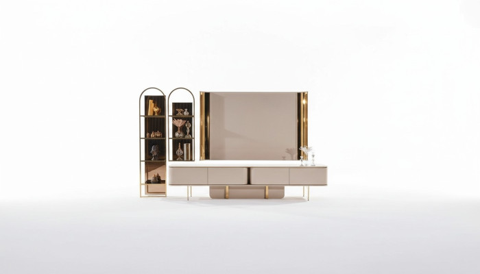 Soggiorno mobile TV di lusso RTV mobili in legno cassetti cassetti bassi beige nuovi