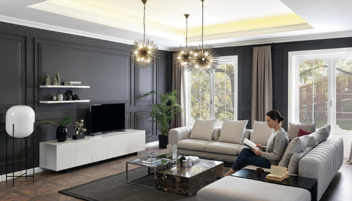 Divano ad angolo a L con mensola TV, design divani imbottiti in tessuto 2 pezzi.