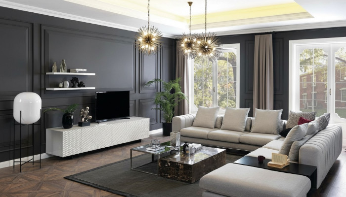 Divano ad angolo a L con mensola TV, design divani imbottiti in tessuto 2 pezzi.