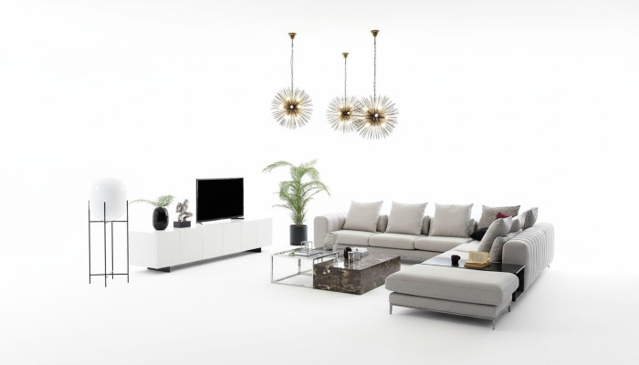 Divano ad angolo a L con mensola TV, design divani imbottiti in tessuto 2 pezzi.