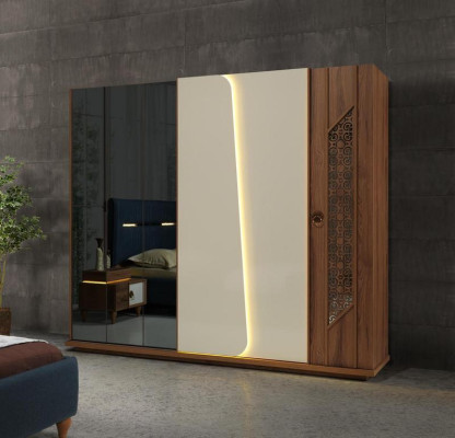 Set camera da letto: letto, 2 comodini, 5 pezzi, design tessile in legno, armadio.
