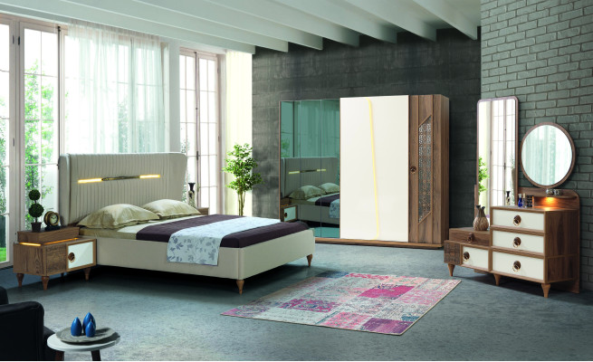 Set camera da letto: letto, 2 comodini, 5 pezzi, design tessile in legno, armadio.